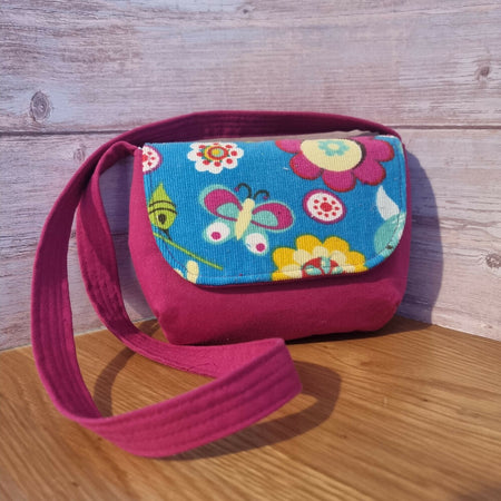 Child's upcycled shoulder bag - bright flowers & butterfly
