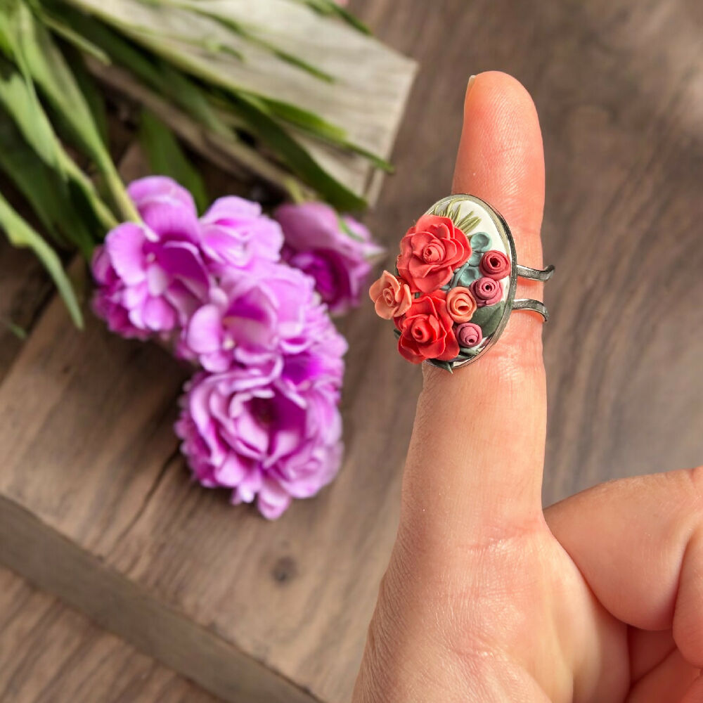 Floral Bouquet - Peach Rose hand sculpted Statement Ring