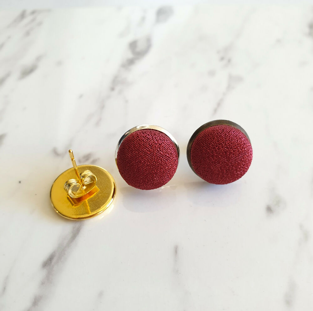 1.4cm Round Dark Brown Kimono Fabric Cabochon stud earrings