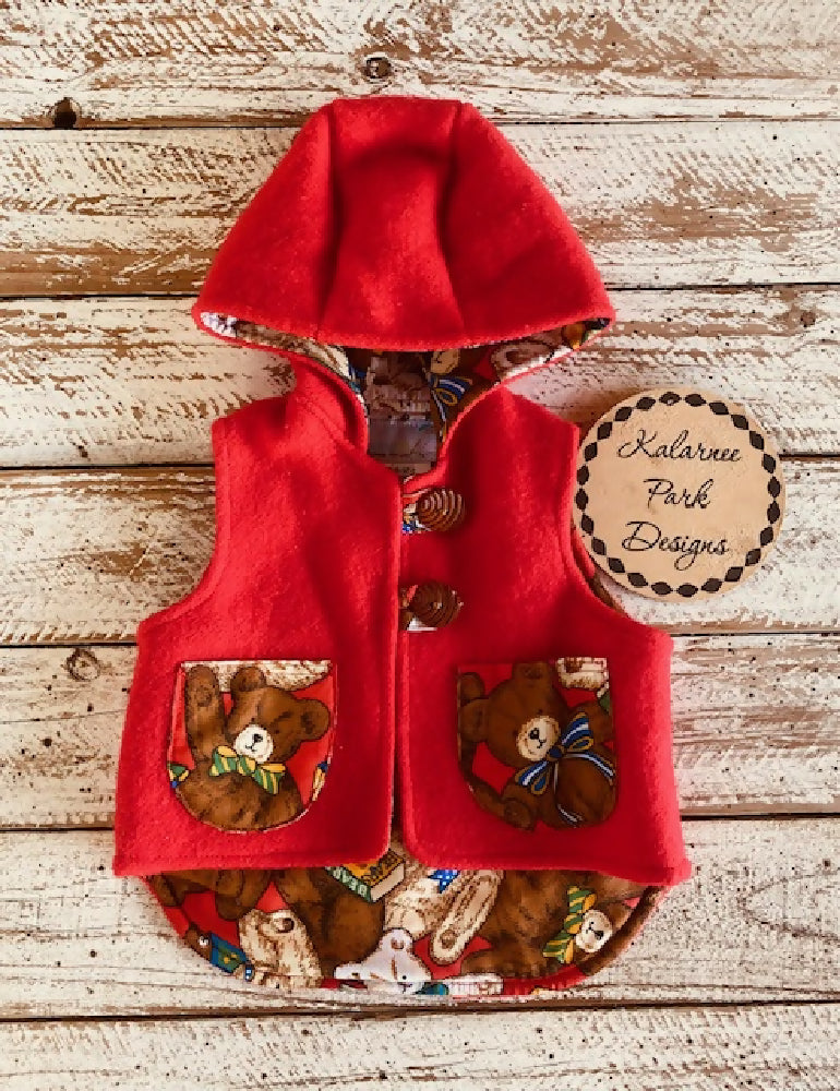 Teddy Bears Vintage Wool Blanket Upcycled Vest Size 9-12mths
