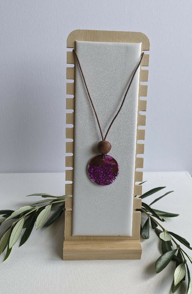 Pendant - Magenta Magic Circle resin pendant with wooden feature bead