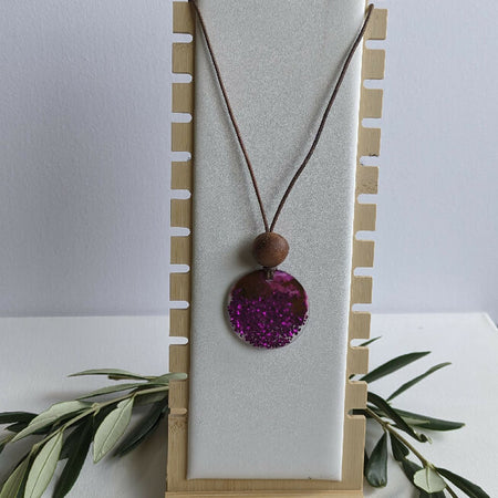 Pendant - Magenta Magic Circle resin pendant with wooden feature bead