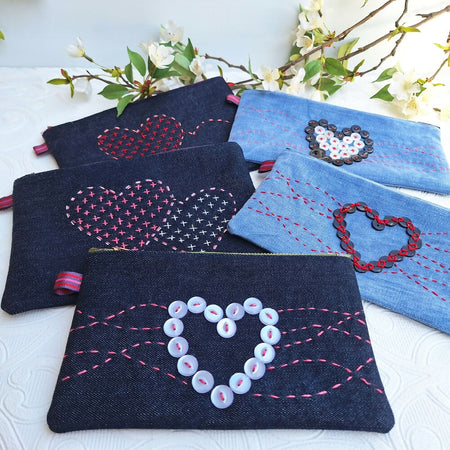 Queen of Hearts Embroidered Denim Zipper Pouches Love Hearts