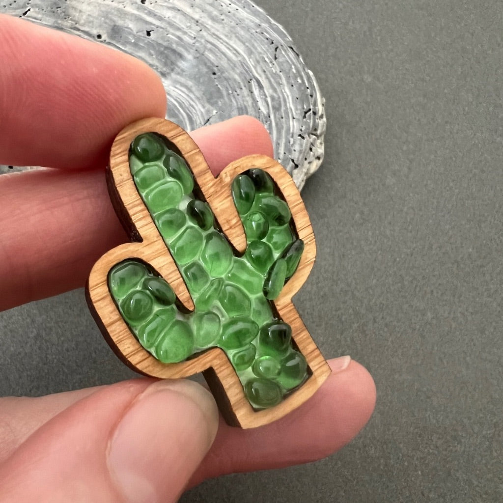 Unique Wooden Cactus Brooch