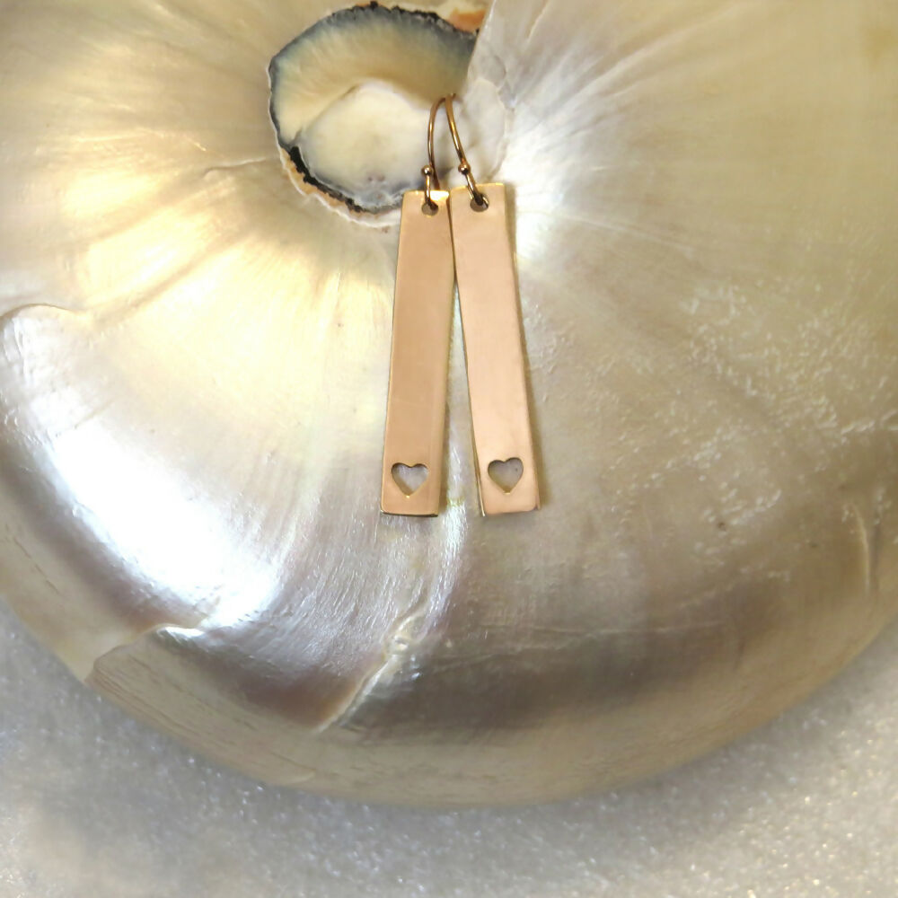 14/20K ROSE Gold Bar Drop Earrings w Heart