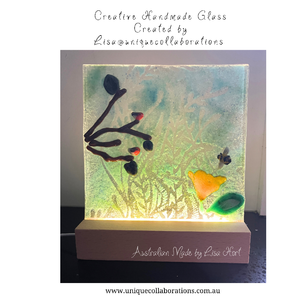 Fused Glass, Stunning Birds on a Tree branch glass panel showcased on an LED light stand.