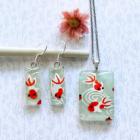 Unique Fish Earring and Pendant Set made with Japanese Papers