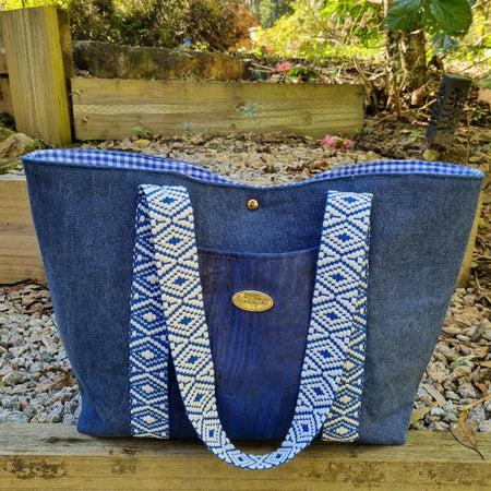 Versatile Shopping Tote- Blue Canvas with Cork Pocket and Base