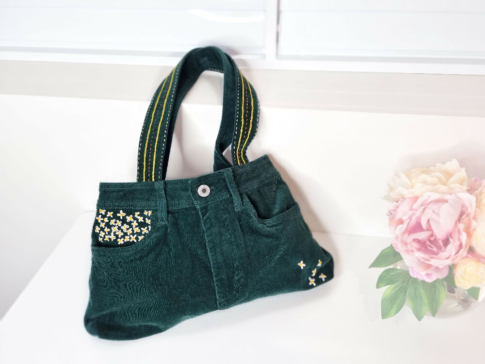 Green Corduroy Jeans Hand Bag with Daisy Embroidery, Lined, Unique