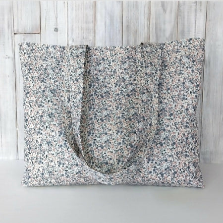 Peachy Grey - Large handmade ditsy floral tote bag with pockets