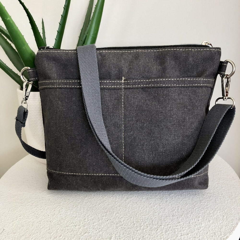 Cross Body Handbag in Grey Canvas and Blue Indigenous Fabric