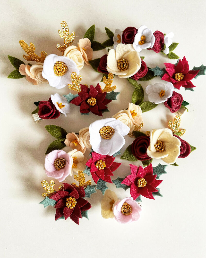Holly, poinsettia, brooches and clips