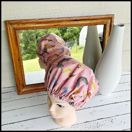 Shower Cap Adult Black Cockatoo and Kookaburra Salmon Pink