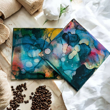 Alcohol Ink / Resin/Timber Coasters GREEN (Set of 2)