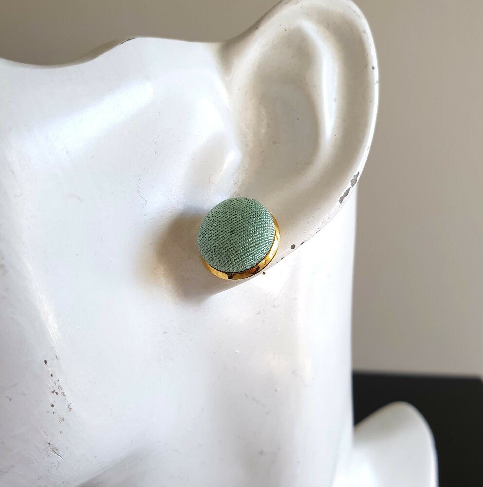 1.4cm Round Pale Green Kimono Fabric Cabochon stud earrings