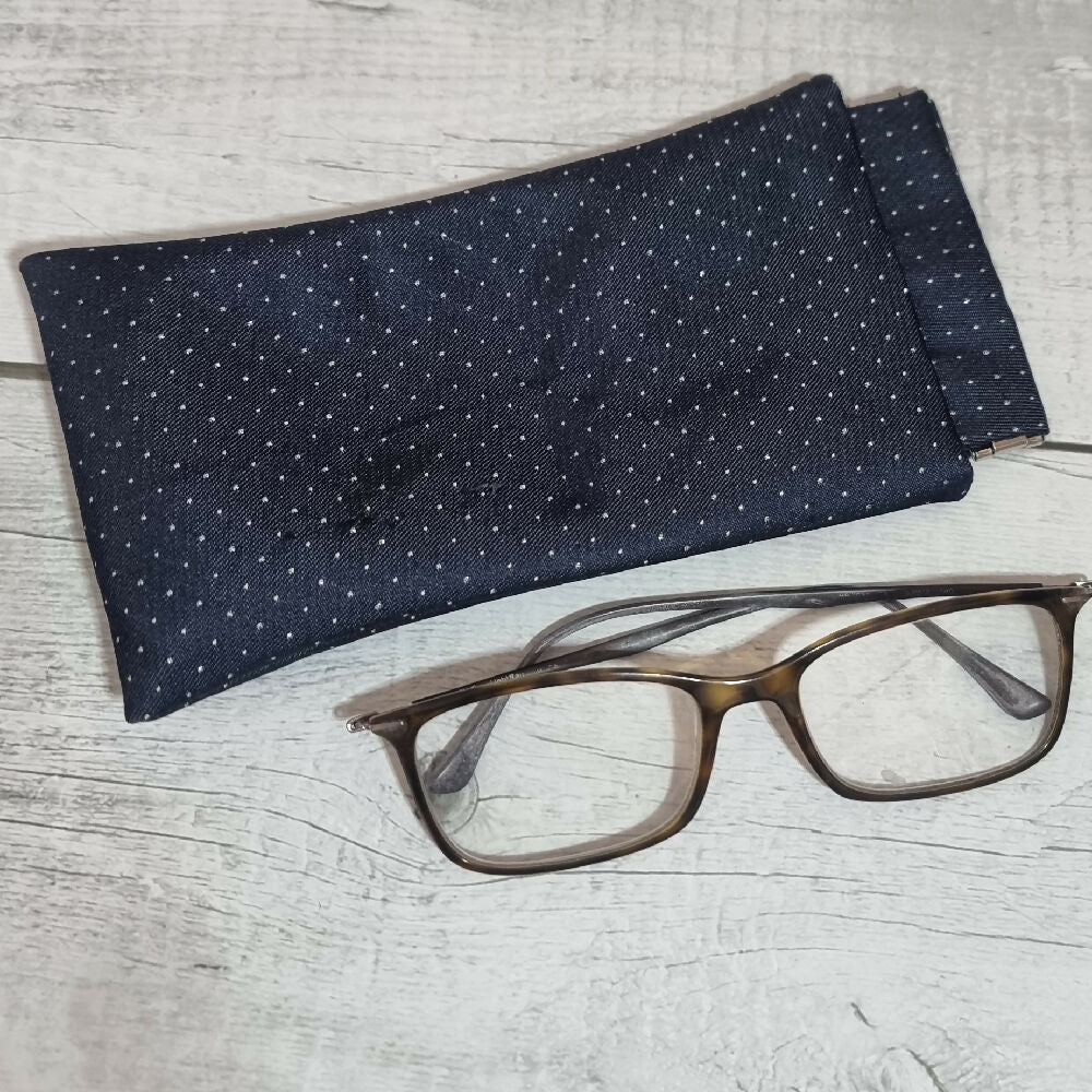 Flex frame glasses pouch, upcycled tie - black, silver dots