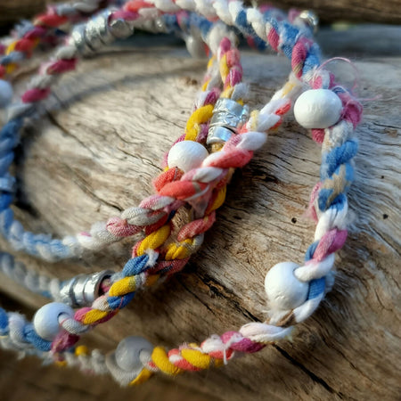 Boho Wrap Necklace - upcycled fabrics - light multi-colour