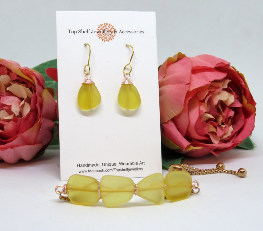 Lemon Cultured Sea Glass Wire Wrapped Slider Bracelet and Earring Set