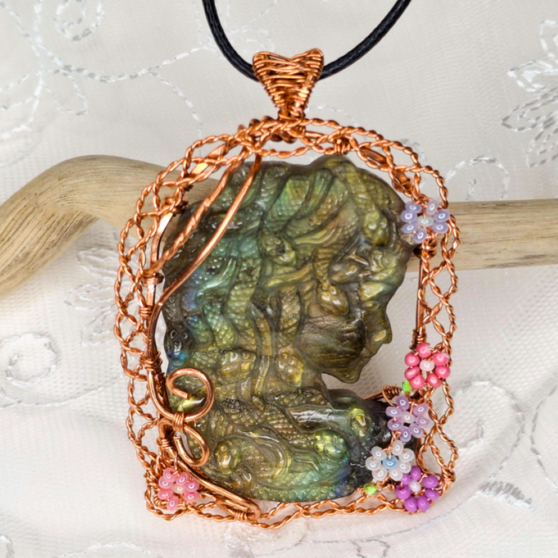 Medusa – Copper Wire Wrapped Labradorite Cameo Pendant 6.5 x 4.5cm