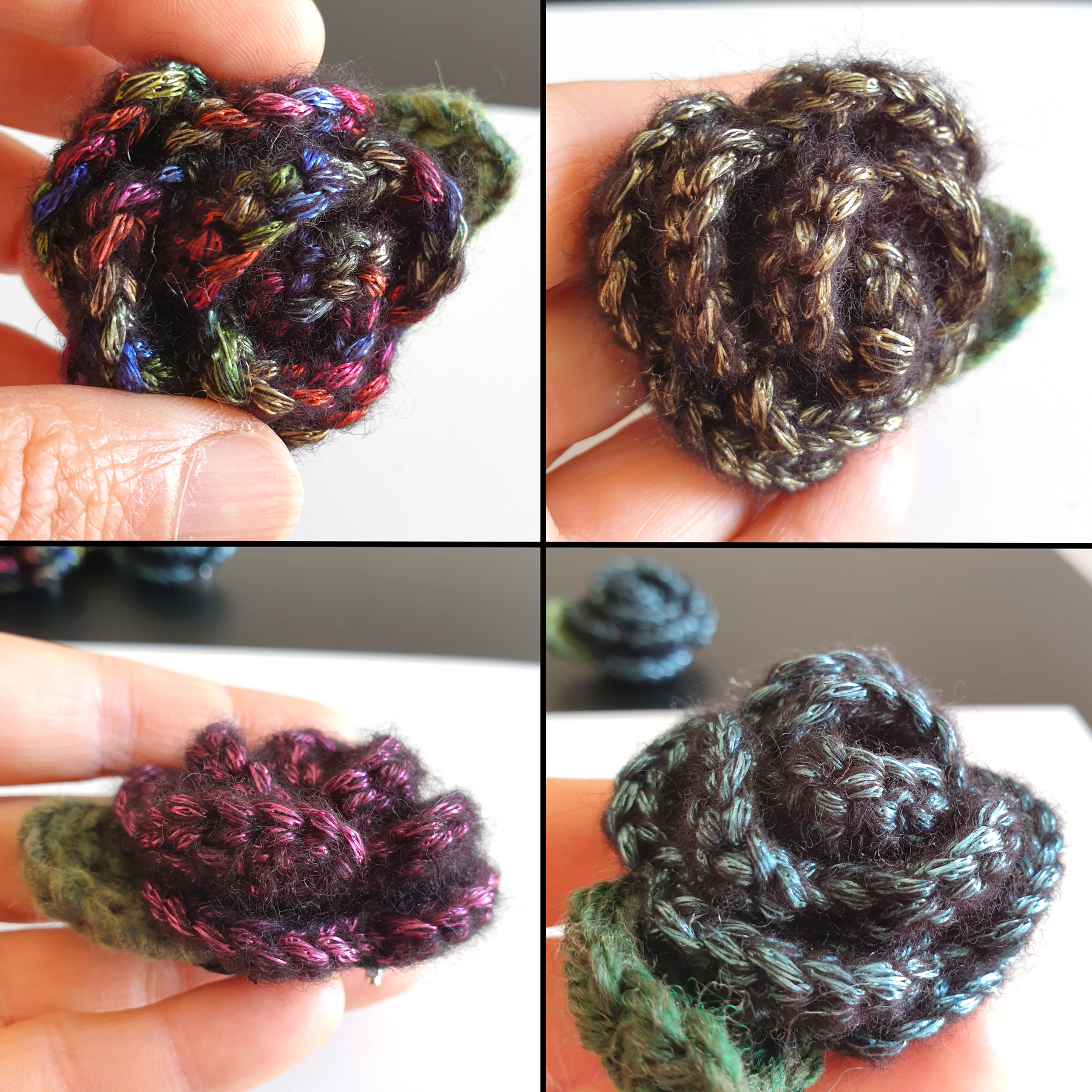 Hand Knitted Small Metallic Crochet Rose Flower + Leaf Brooch Country style - Red Gold Silver Blue Pink Rainbow Black (Type 4.3)