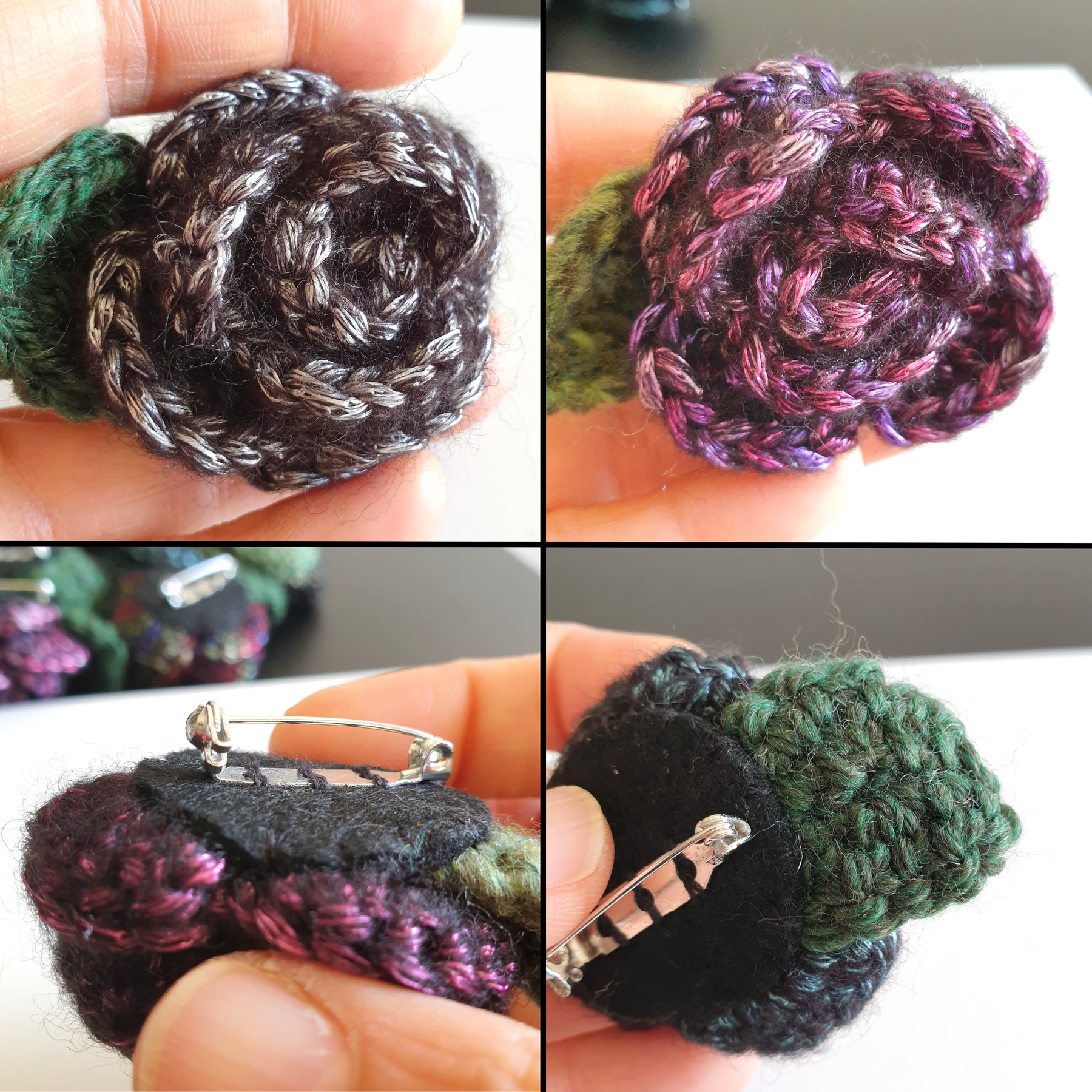 Hand Knitted Small Metallic Crochet Rose Flower + Leaf Brooch Country style - Red Gold Silver Blue Pink Rainbow Black (Type 4.3)