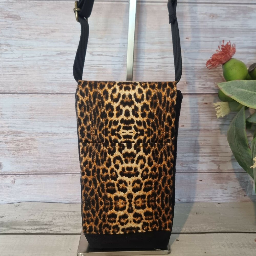 Upcycled mobile phone crossbody - suede & leopard print