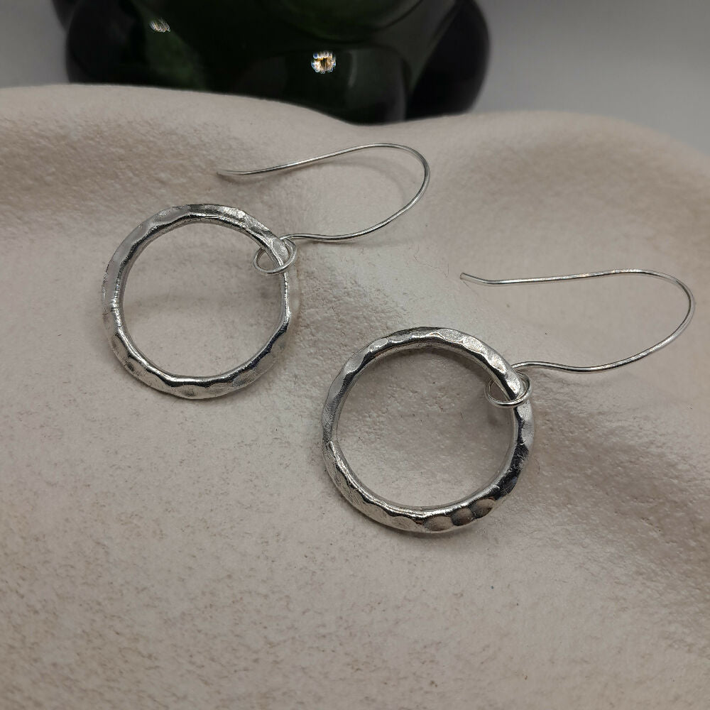 Fine silver earrings hammered circle -handmade ear wire