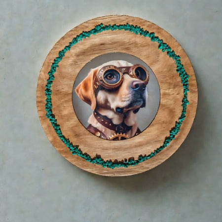 Steampunk Labrador timber plate with Malachite Inlay