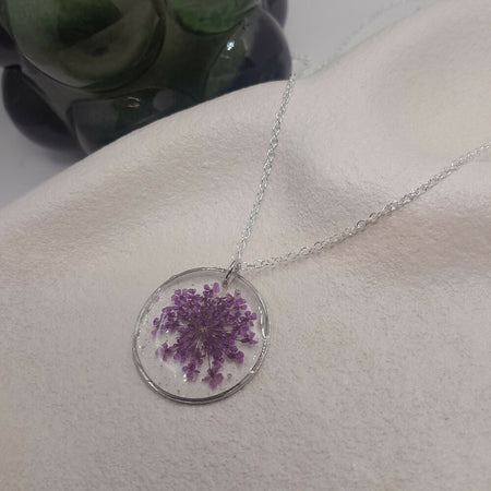 Real flower necklace pendant- purple, resin