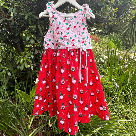 Girls Handmade Red and White Christmas Print Dress | Size 6 | Free Hairclip