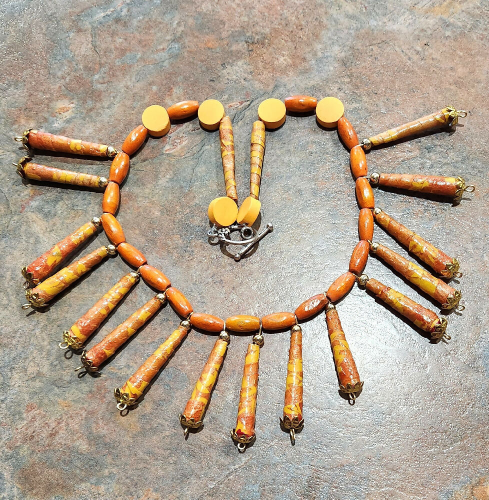 Beaded Necklace paper beads with wooden beads in orange
