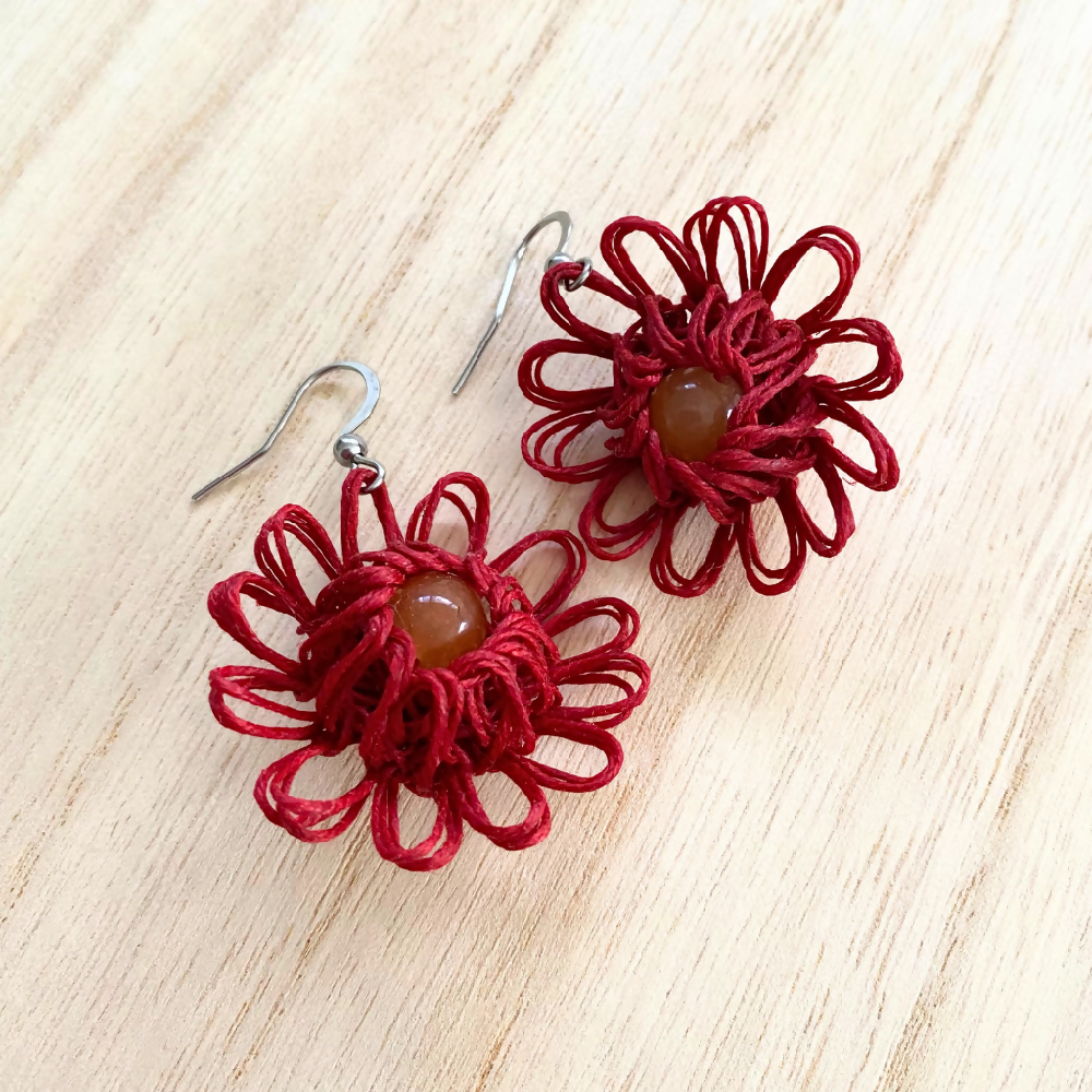 Handmade_Earrings_Flower_Beaded_Gemstone_Red-10