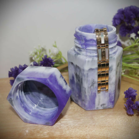 Purple/White Resin Jar with lid - Hexagon