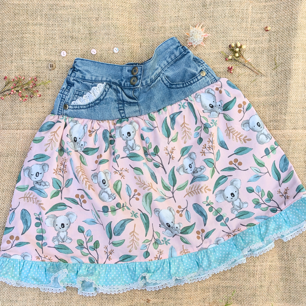 upcycled-denim-skirt-size-5-6-Koalas-teal-dot-ruffle-australian-handmade-sewing-artist-the-denim-patch