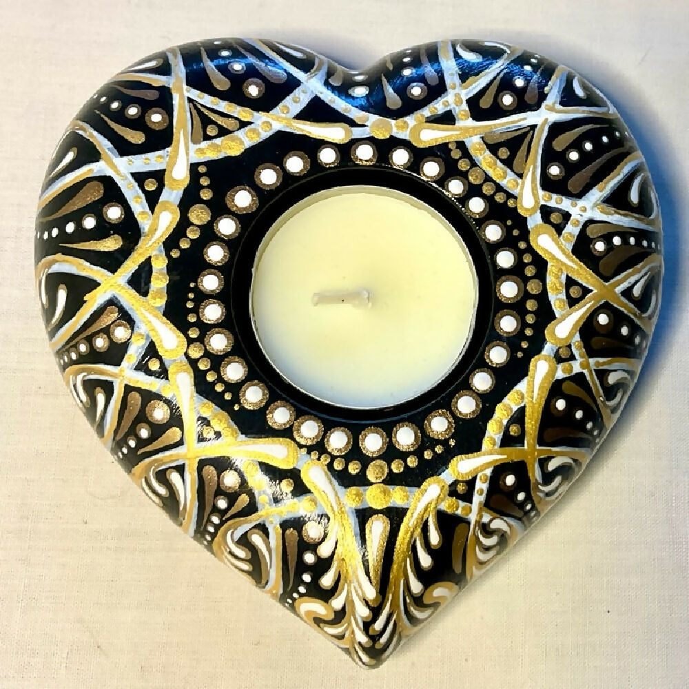Unique Hand-painted Heart Tea-light Candle Holder Gift, Gold, Brown, White & Black