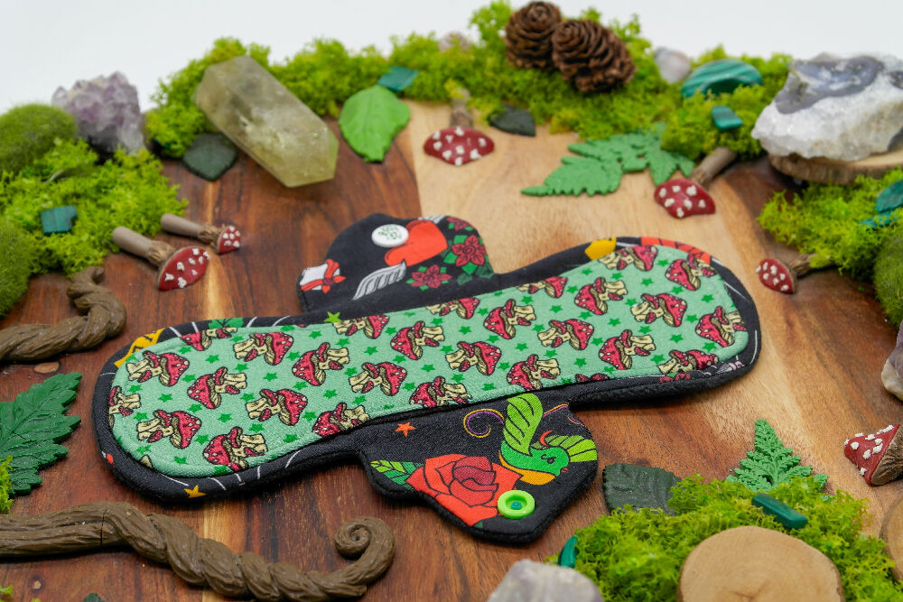 dig the flow reusables reusable cloth pad australian handmade red green mushrooms bamboo lycra black bird cotton unique one-of-a-kind flutter menstrual health business