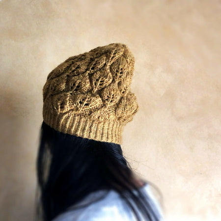 Hand knit Beanie Hat- leaf in Straw