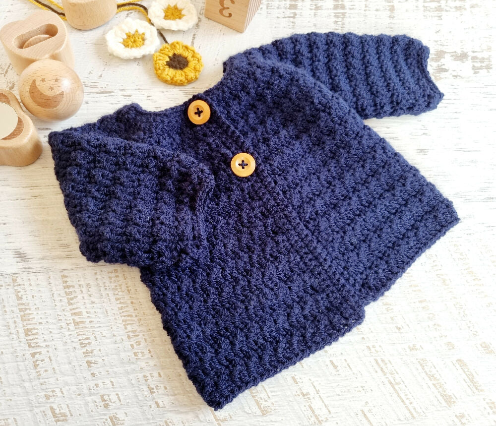 Baby Cardigan Navy Blue Newborn Hand Crocheted Matinee Jacket 0-3 months