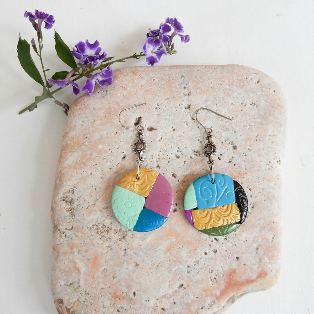 Patchwork Polymer Clay Earrings "Columbine" Round