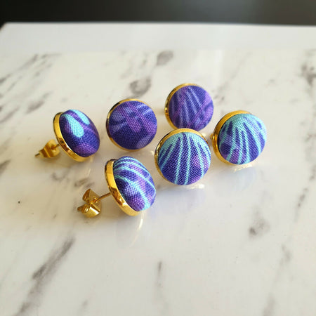 1.4cm Round MCM style Purple Blue drop cotton fabric Gold colour Cabochon stud earrings