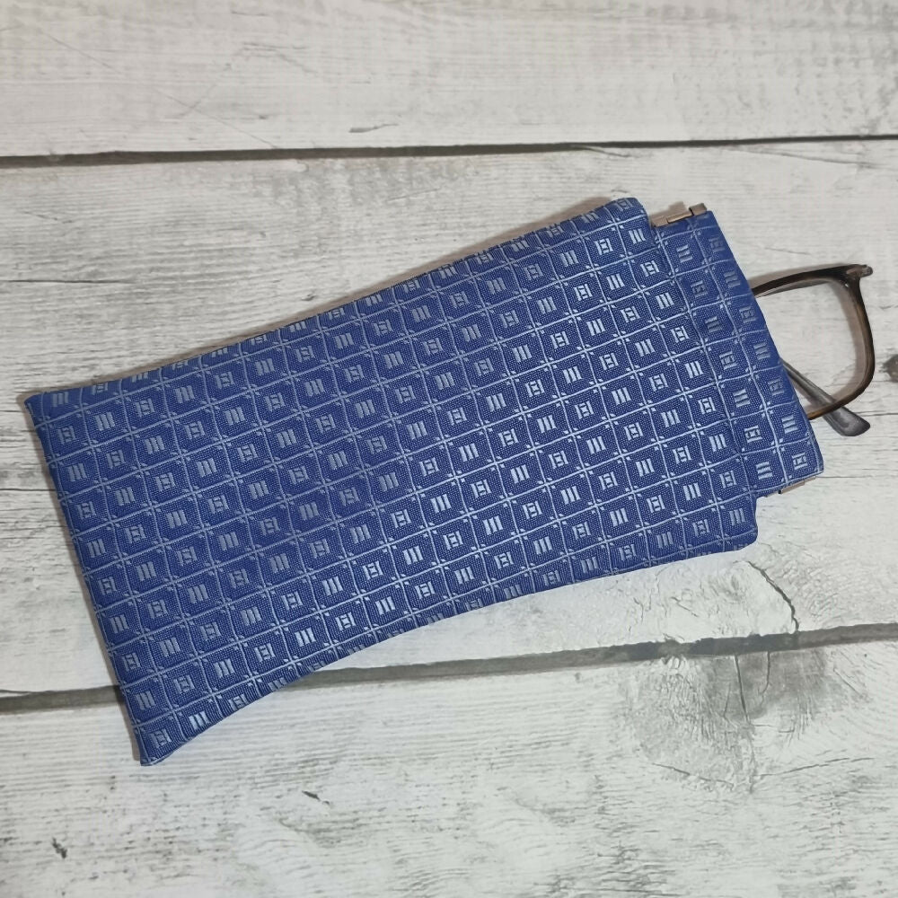 Flex frame glasses pouch, upcycled tie - patterned blue squares