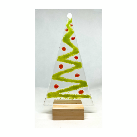 Handmade Fused Glass Christmas Tree in Wooden Stand in Organza Bag