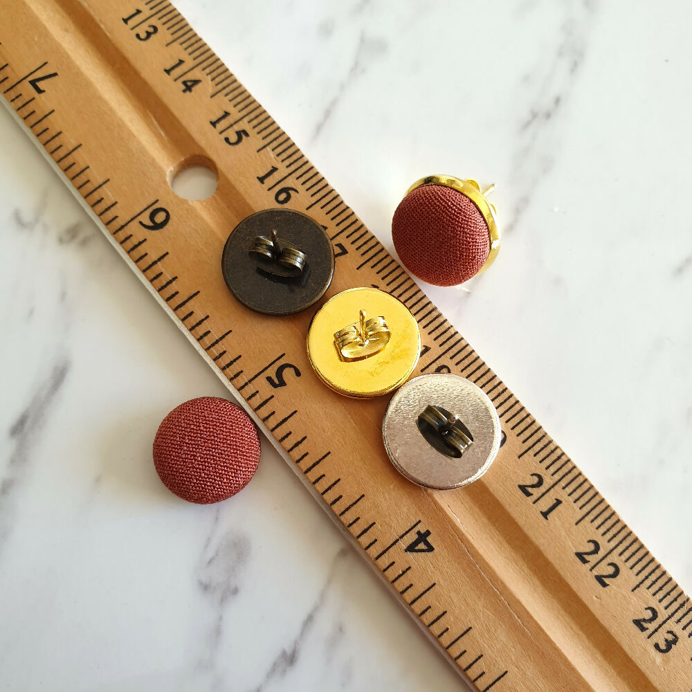 1.4cm Round Brown Kimono Fabric Cabochon stud earrings