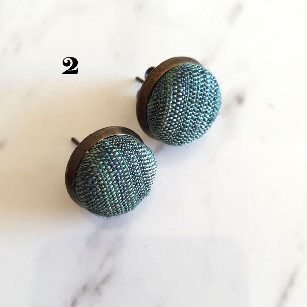 1.4cm Round Green Gradient Japanese Kimono Fabric Bronze colour Cabochon stud earrings