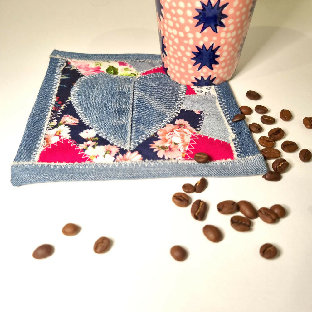 Denim Mug Rug with Heart - Single Coaster - FREE SHIPPING!