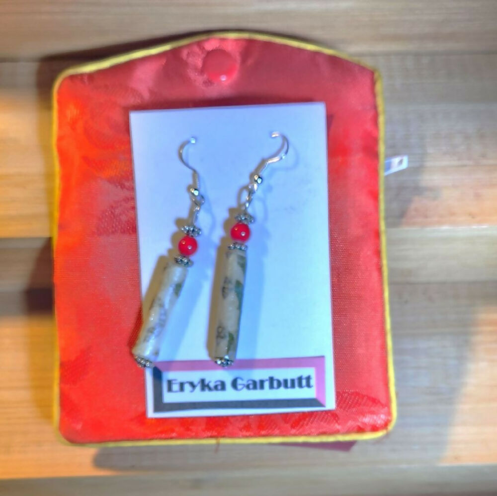 Cream paper bead with red dangle earrings barrel style.