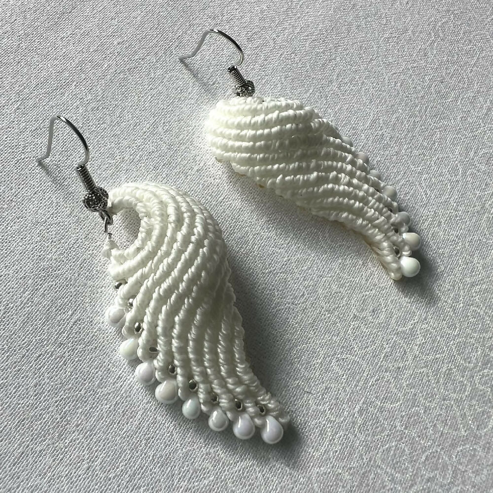 SOLD OUT - White Wing Micro Macrame Earrings +Free Microfibre Pouch