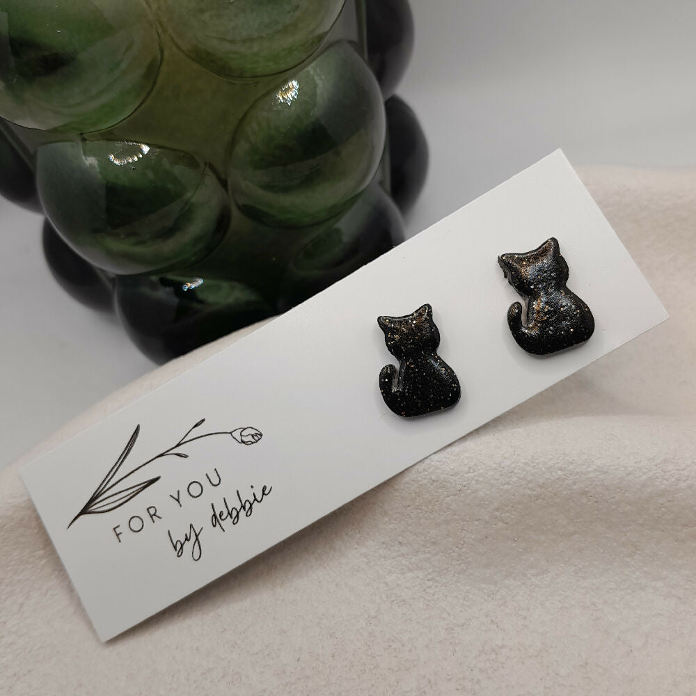 Black Glitter cat stud earrings- hypoallergenic