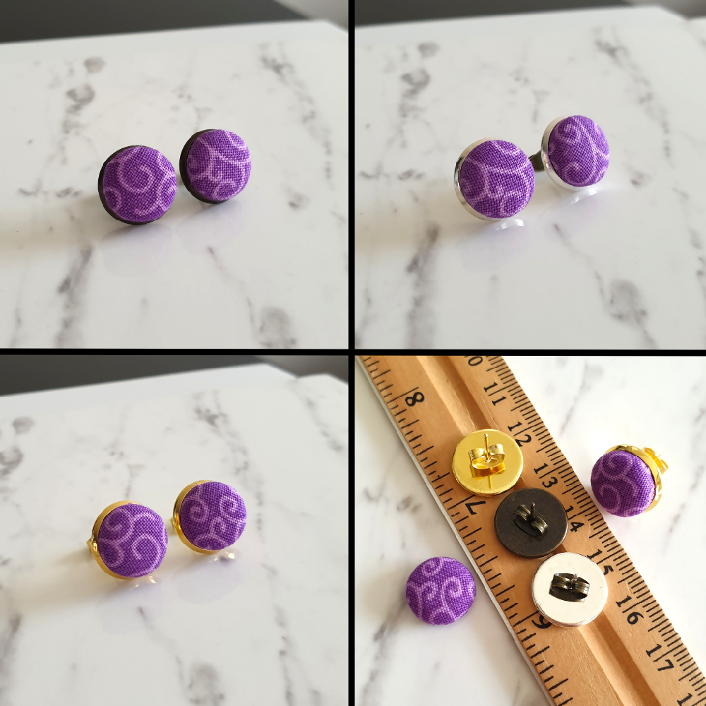 1.4cm Round Purple Plants cotton fabric Cabochon stud earrings