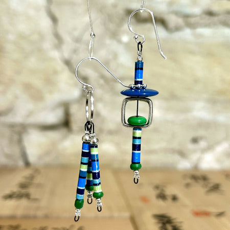 Blue & Green Asymmetrical Paper earrings - L 6cm